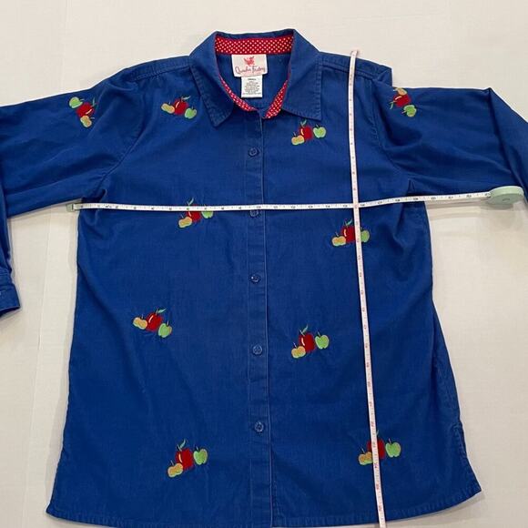 Quacker Factory Blue Corduroy Embroidered Button Down Shirt, Apple Print, Size S - Picture 11 of 13